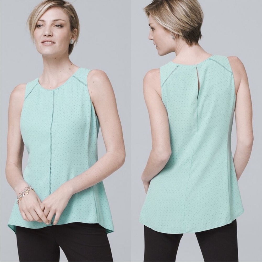 NWT White House Black Market Aqua Dot Printed Flare Hem Shell Blouse. Size SP